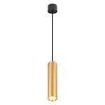 Lampa wisząca Genesis 1xGU10 w kolorze czarnym i złotym, w formie prostego cylindrycznego klosza zawieszonego na cienkim przewodzie. Klosz wykonany z matowego metalu, umieszczony na czarnym mocowaniu sufitowym.