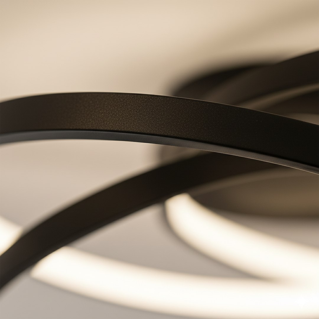 Lampa sufitowa LED Turner o mocy 32W, temperatura barwowa 4000K, z czarnymi, matowymi metalowymi ramionami. Ujęcie z bliska na okrągłe kształty, z widocznym białym światłem w tle, podkreślającym elegancki design.