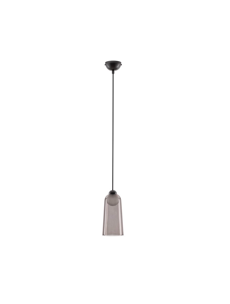 Czarna lampa wisząca Tavenco z kloszem w kształcie dzwonu, zawieszona na cienkim, czarnym przewodzie. Lampa wykorzystuje jedną żarówkę LED o mocy 5W. Prosty design, idealna do nowoczesnych wnętrz. Tło białe.