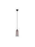 Czarna lampa wisząca Tavenco z kloszem w kształcie dzwonu, zawieszona na cienkim, czarnym przewodzie. Lampa wykorzystuje jedną żarówkę LED o mocy 5W. Prosty design, idealna do nowoczesnych wnętrz. Tło białe.
