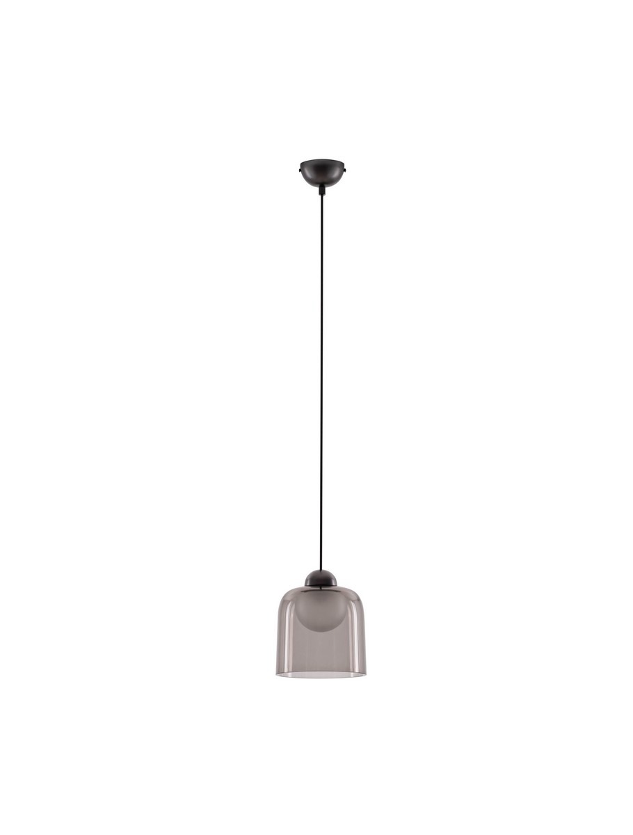 Czarna lampa wisząca Tavenco z kloszem w kształcie dzwonu, wykonana z szkła, z jedną żarówką LED 5W. Produkt zawieszony na cienkim, czarnym przewodzie, prezentujący nowoczesny design, na jednolitym tle.