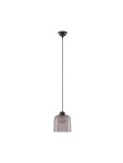 Czarna lampa wisząca Tavenco z kloszem w kształcie dzwonu, wykonana z szkła, z jedną żarówką LED 5W. Produkt zawieszony na cienkim, czarnym przewodzie, prezentujący nowoczesny design, na jednolitym tle.