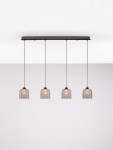 Lampa wisząca Tavenco z czterema kloszami LED 20W w kolorze czarnym. Klosze mają przezroczyste, lekko przyciemnione szkło. Produkt montowany pod sufitem, zawieszony na cienkich linkach, w prostym, nowoczesnym stylu. Tło jasne, jednolite.