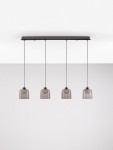 Lampa wisząca Tavenco z czterema kloszami LED 20W, w kolorze czarnym. Klosze mają przezroczystą teksturę, zawieszone na cienkich linkach, przymocowane do prostokątnej podstawy. Produkt wisi w poziomie, na jednolitym jasnym tle.