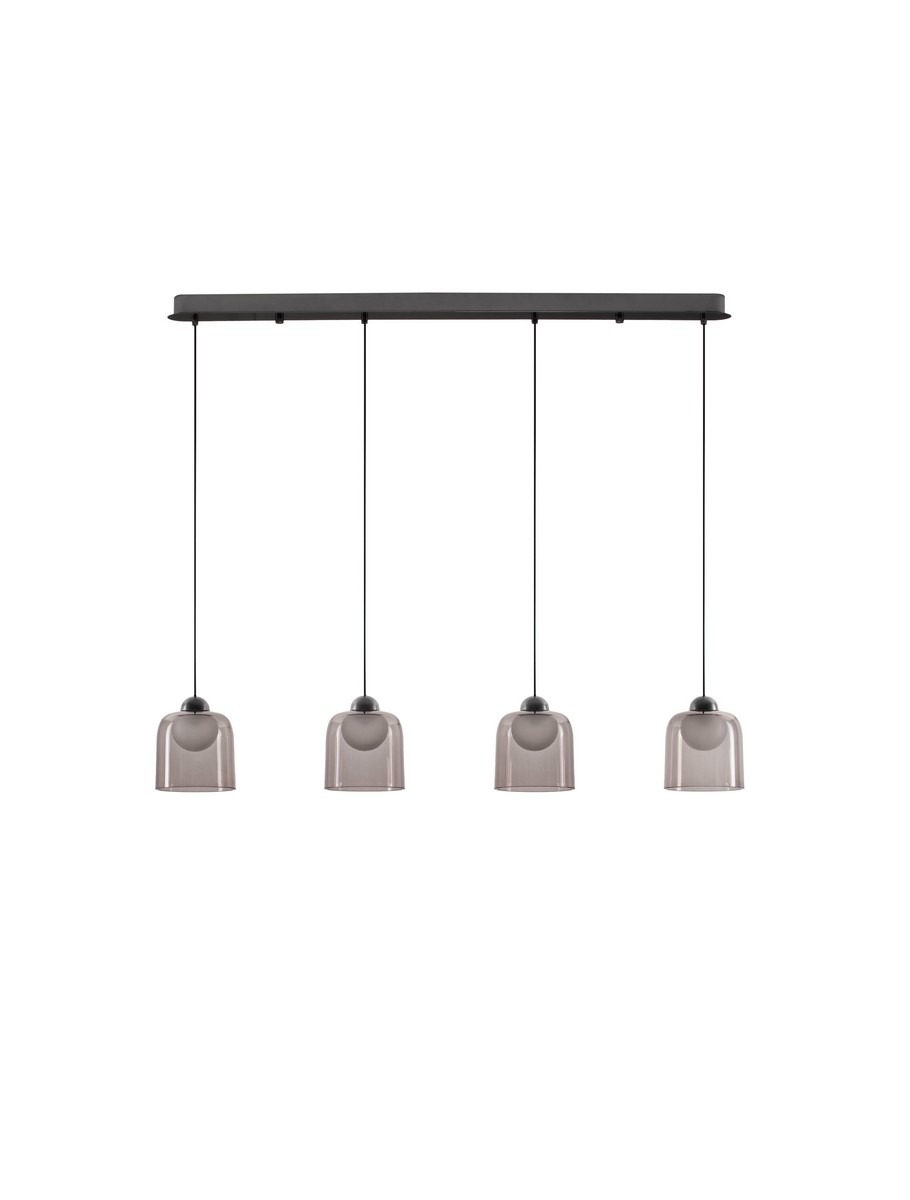 Lampa wisząca Tavenco 4xLED 20W w kolorze czarnym, z czterema szklanymi kloszami w odcieniu szaro-przezroczystym. Produkt zawieszony na prostokątnym stelażu, z cienkimi linkami. Idealna do nowoczesnych aranżacji wnętrz.
