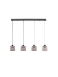 Lampa wisząca Tavenco 4xLED 20W w kolorze czarnym, z czterema szklanymi kloszami w odcieniu szaro-przezroczystym. Produkt zawieszony na prostokątnym stelażu, z cienkimi linkami. Idealna do nowoczesnych aranżacji wnętrz.