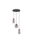 Lampa wisząca Tavenco z trzema kloszami LED 15W w kolorze czarnym. Klosze w kształcie dzwonów, wykonane z przezroczystego szkła, zawieszone na czarnych przewodach. Montowana na okrągłej podstawie. Proste tło.