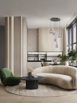 Lampa wisząca Tavenco z pięcioma kloszami LED 24W w kolorze czarnym, zawieszona na okrągłym, metalowym stelażu. Klosze mają cylindryczny kształt i są przezroczyste, co podkreśla elegancki design. Lampa umieszczona w nowoczesnym wnętrzu z jasnymi meblami.