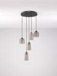 Lampa wisząca Tavenco z pięcioma kloszami LED, czarna, z przezroczystymi, szklanymi kloszami w kształcie dzwonu. Montaż sufitowy, zawieszona na cienkich linkach. Proste, minimalistyczne wzornictwo, idealna do nowoczesnych wnętrz.