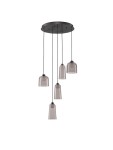 Lampa wisząca Tavenco 5xLED 24W w kolorze czarnym z pięcioma szklanymi kloszami w odcieniach szarości, zawieszona na cienkich linkach. Utrzymana w nowoczesnym stylu, zamontowana na okrągłej podstawie sufitowej.