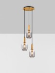 Lampa wisząca Querisa z trzema kloszami w kolorze złotym, zawieszona na czarnych przewodach. Klosze mają szklane, przezroczyste wykończenie, podkreślające źródła światła E27. Montaż na suficie, minimalistyczny design na jednolitym tle.