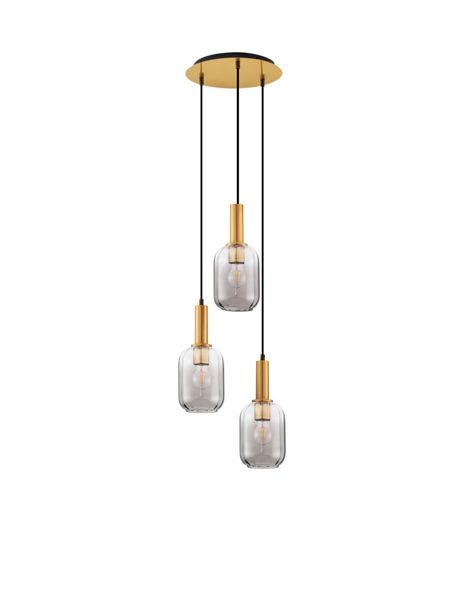 Lampa wisząca Querisa z trzema kloszami w kolorze złotym i szklanymi, przezroczystymi osłonami. Posiada metalowy sufitowy uchwyt w złotym odcieniu, z czarnymi przewodami. Klosze mają cylindryczny kształt, zawieszone na różnych wysokościach.