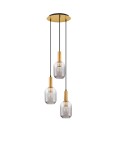 Lampa wisząca Querisa z trzema kloszami w kolorze złotym i szklanymi, przezroczystymi osłonami. Posiada metalowy sufitowy uchwyt w złotym odcieniu, z czarnymi przewodami. Klosze mają cylindryczny kształt, zawieszone na różnych wysokościach.