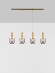 Lampa wisząca Querisa 4xE27 w kolorze złotym z czterema szklanymi kloszami w kształcie sześcianu. Ujęcie frontalne, wisząca na czarnych kablach, zamontowana na złotej podstawie. Klosze transparentne, z widocznymi żarówkami.