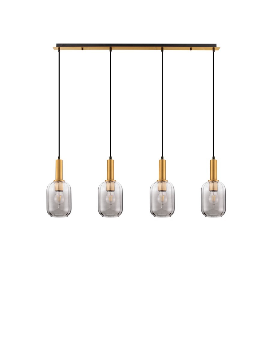 Lampa wisząca Querisa 4xE27 w złotym kolorze, z czterema szklanymi kloszami w kształcie sześcianu, zawieszona na cienkich czarnych linkach. Utrzymana w nowoczesnym stylu, montowana na płaskiej złotej podstawie.