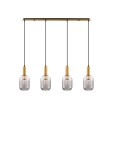 Lampa wisząca Querisa 4xE27 w złotym kolorze, z czterema szklanymi kloszami w kształcie sześcianu, zawieszona na cienkich czarnych linkach. Utrzymana w nowoczesnym stylu, montowana na płaskiej złotej podstawie.