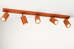 Lampa sufitowa Zoom w kolorze ceglastym z pięcioma spotami GU10. Ułożona poziomo, z widocznymi kloszami w formie walca, z matowym wykończeniem. Klosze skierowane w różne strony, zamocowane na prostokątnej listwie. Tło jasne, minimalistyczne.