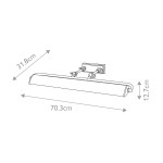 Kinkiet Winchfield L70 w kolorze czarnym matowym z mosiądzu, z czterema gniazdami E14. Produkt w pozycji poziomej, z wymiarami 70,3 cm długości, 12,7 cm wysokości i 31,8 cm głębokości. Elementy montażowe widoczne z tyłu.