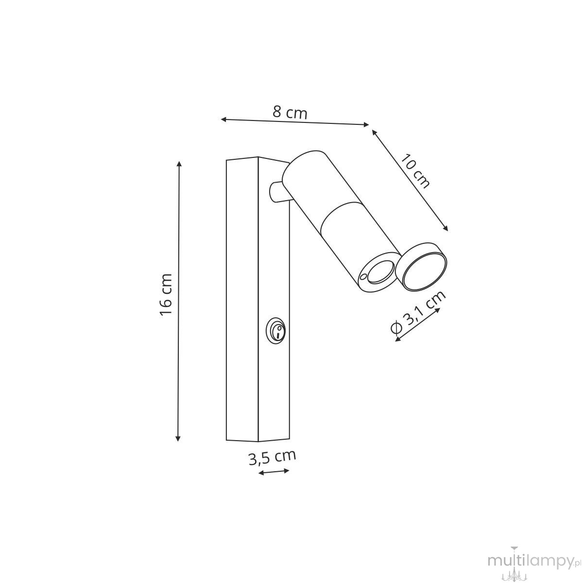 Miri kinkiet LED 3W 3000K w kolorze białym. Ułożony pionowo, z cylindrycznym kloszem o średnicy 3,1 cm. Wymiary: 16 cm wysokości, 8 cm szerokości, 3,5 cm głębokości. Oświetlenie skierowane w dół, zamontowane na prostokątnej podstawie.