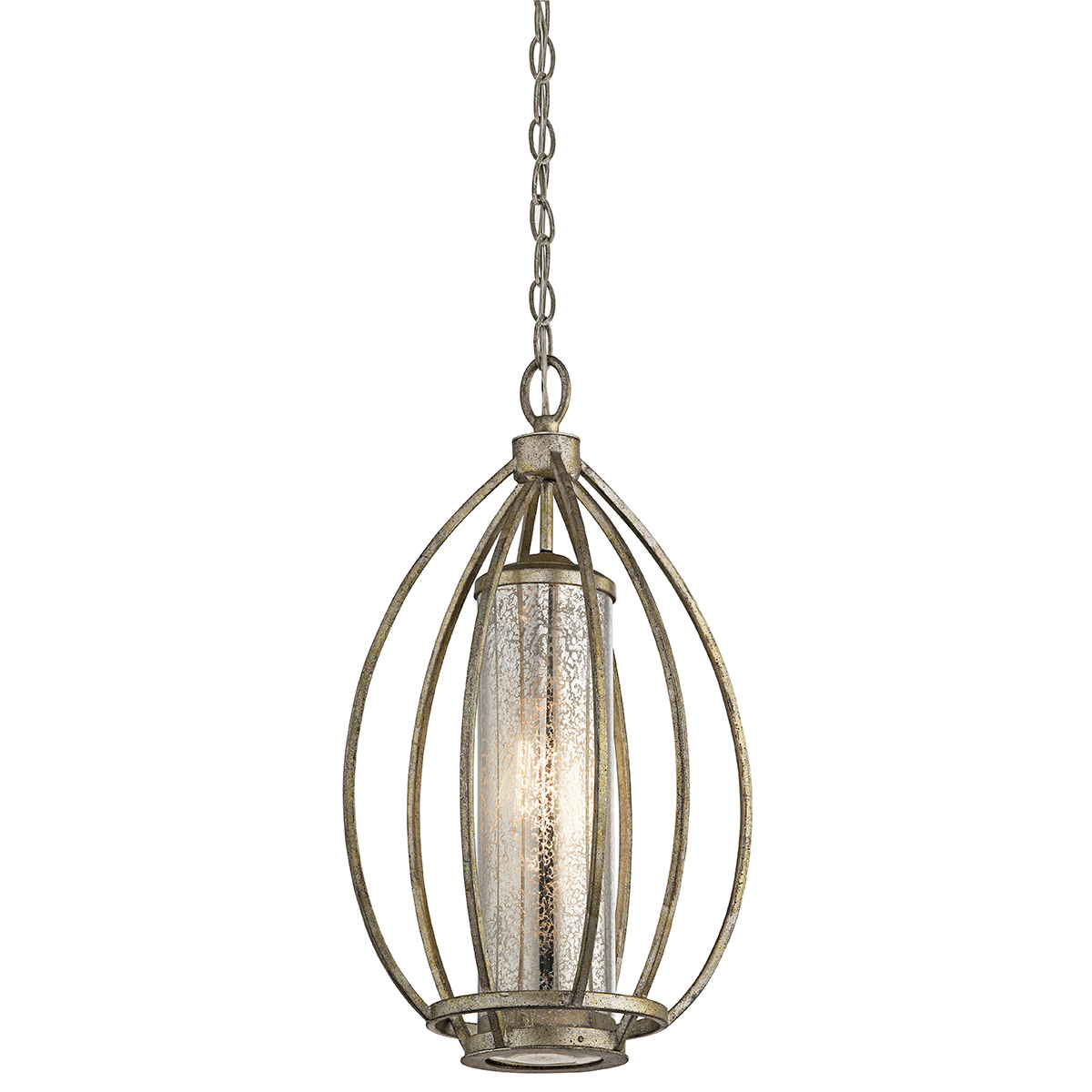 Lampa wisząca Rosalie w starym jasnym złocie, w kształcie owalnym z metalowym koszem i szklanym kloszem. Zawieszona na łańcuszku, przeznaczona na jedną żarówkę E27. Wnętrze klosza zdobione delikatnym wzorem, tworzy elegancką atmosferę.