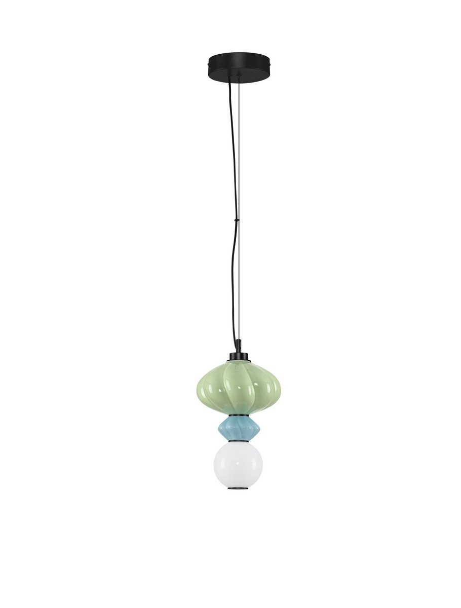 Lampa wisząca Casurno z jedną żarówką LED 8W w kolorze czarnym. Szkło w odcieniach zieleni, niebieskiego oraz białego, o zaokrąglonym kształcie. Produkt zwisa z okrągłego mocowania sufitowego na czarnym kablu.