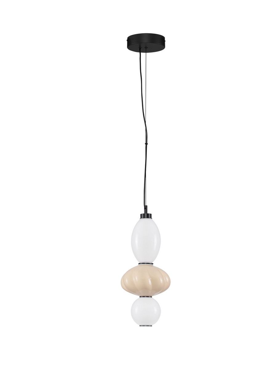 Lampa wisząca Casurno z jedną żarówką LED 18W, w kolorze czarnym i beżowym. Zawieszona na czarnym przewodzie, składa się z trzech kulistych elementów: dwóch białych i jednego beżowego, o różnych kształtach.