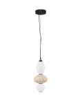 Lampa wisząca Casurno z jedną żarówką LED 18W, w kolorze czarnym i beżowym. Zawieszona na czarnym przewodzie, składa się z trzech kulistych elementów: dwóch białych i jednego beżowego, o różnych kształtach.