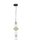 Lampa wisząca Casurno 1xLED 23W w kolorze czarnym z multikolorowymi szklanymi elementami w kształcie kul i owalów, zawieszona na cienkim przewodzie. Widoczne detale w kolorach zielonym, różowym, niebieskim i białym.