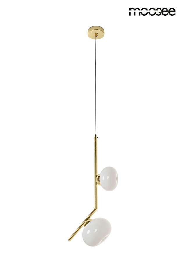 Lampa wisząca Rugia 2xG9 w kolorze złotym, z dwiema białymi kulistymi kloszami. Produkt zawieszony na długim czarnym przewodzie, z prostą, geometryczną konstrukcją. Idealna do nowoczesnych wnętrz.