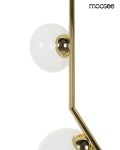 Lampa wisząca Rugia z dwoma źródłami światła G9. Metalowa konstrukcja w kolorze złotym z białymi, okrągłymi kloszami. Ujęcie z boku, ukazujące detale mocowania i kształt kloszy.