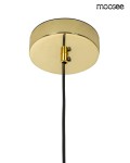 Złota lampa wisząca Rugia z dwoma źródłami światła G9. Widok od dołu, z metalowym, okrągłym stelażem oraz czarnym kablem. Lampa ma błyszczącą powierzchnię, która odbija światło, tworząc elegancki element wystroju wnętrza.