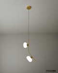 Lampa wisząca Rugia 2xG9 w kolorze złotym, z dwoma okrągłymi kloszami w białym kolorze. Ujęcie z góry, produkt zawieszony na cienkim przewodzie, prosty design, montowany na suficie. Tło w odcieniach szarości.