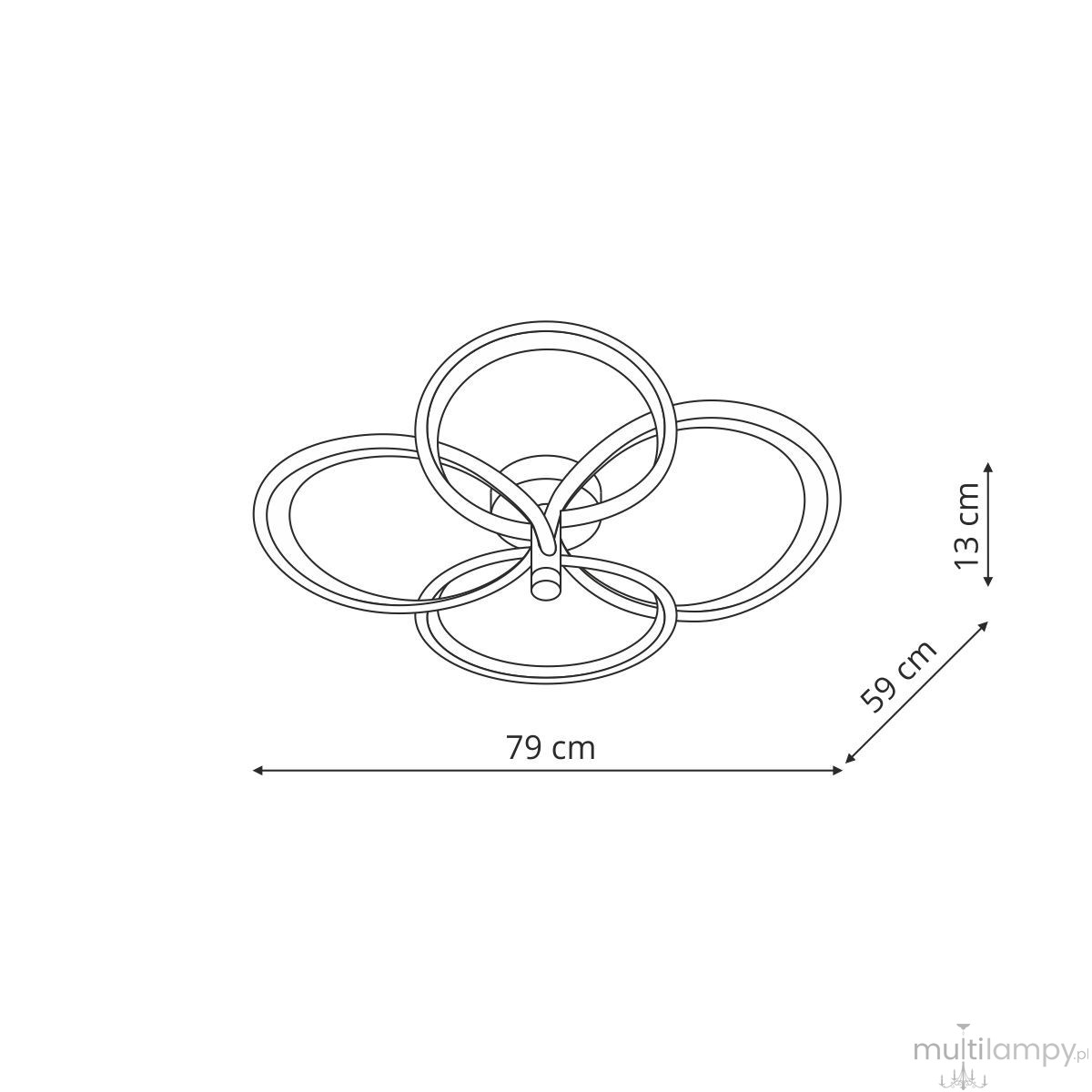 Lampa sufitowa LED Azina 46W CCT w kolorze złotym, o wymiarach 79 cm szerokości, 59 cm długości i 13 cm wysokości. Posiada nowoczesny, okrągły design z trzema okręgami, montowana na suficie.