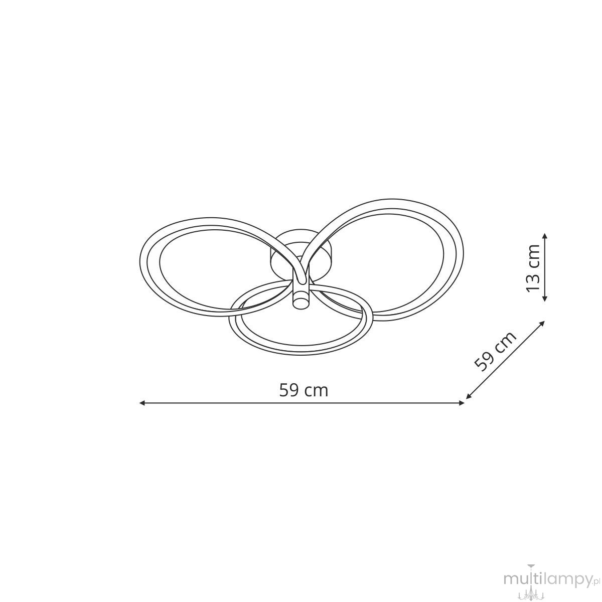 Lampa sufitowa LED Azina 29W CCT w kolorze złotym, o średnicy 59 cm i wysokości 13 cm. Posiada trzy okrągłe pierścienie, które tworzą nowoczesny design. Ujęcie z góry, ukazujące wymiary i kształt lampy.