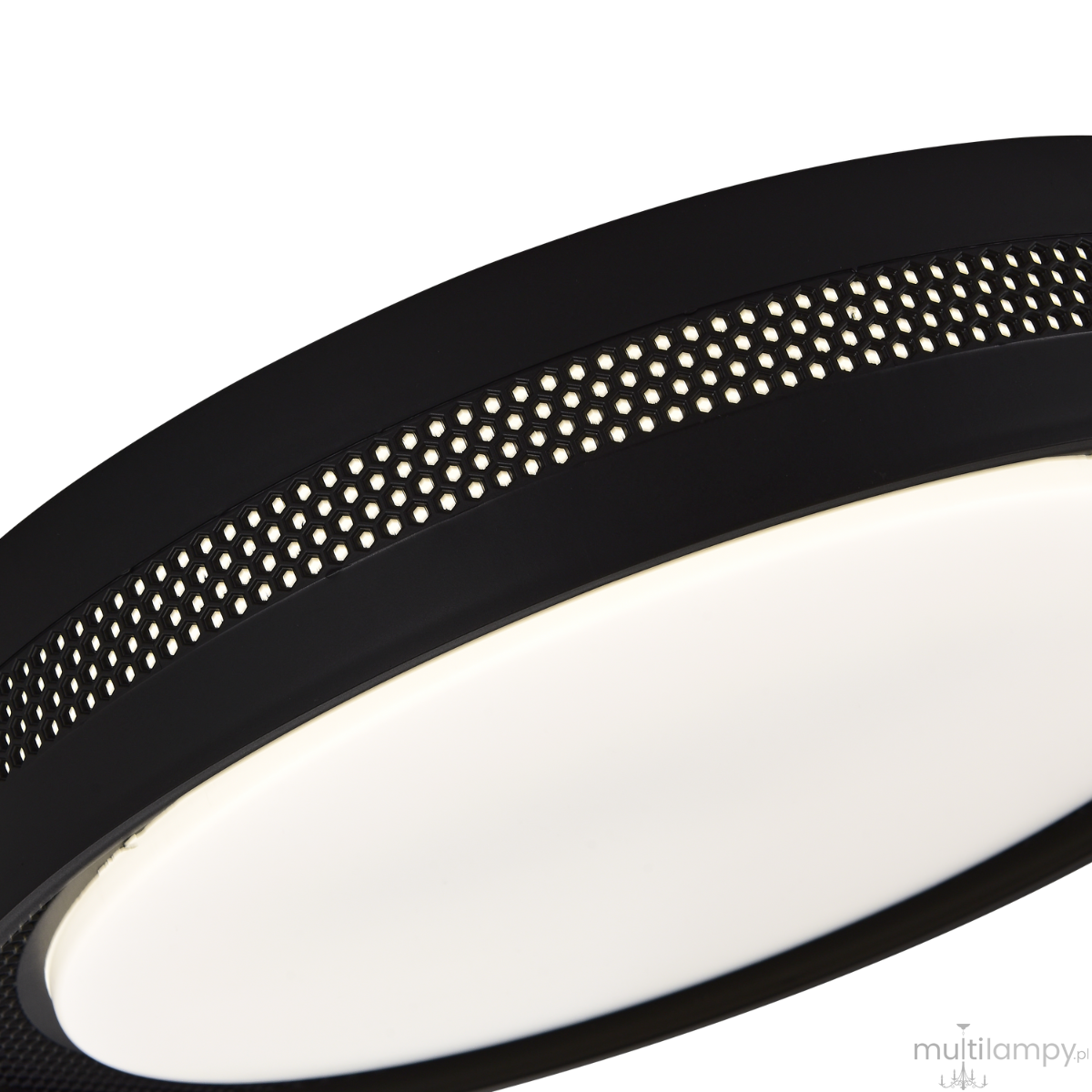 Plafon Ronda D39 LED 25W w kolorze czarnym, z okrągłym kształtem. Górna część z perforacją, emitująca ciepłe i zimne światło. Produkt widoczny z boku, z detalem na krawędzi. Idealny do nowoczesnych wnętrz.
