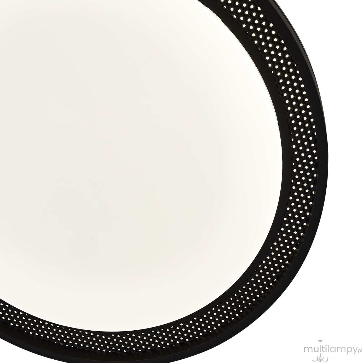 Plafon Ronda D39 LED 25W w kolorze czarnym, o okrągłym kształcie. Wzdłuż krawędzi znajduje się perforowany wzór. Źródło światła z możliwością zmiany temperatury barwowej. Widok z góry, podkreślający detal i strukturę.