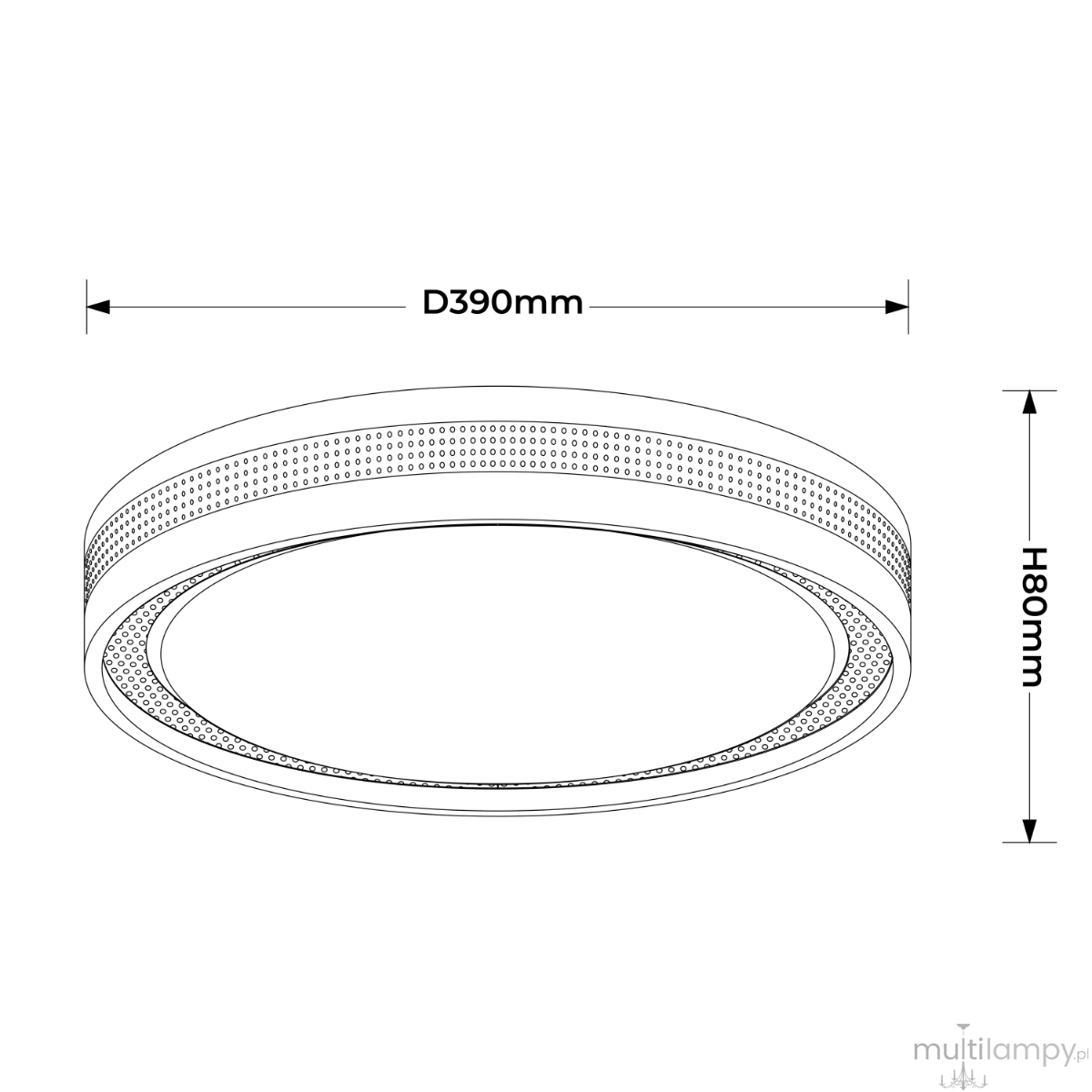 Plafon Ronda D39 LED o średnicy 390 mm i wysokości 80 mm, w kolorze czarnym. Okrągła konstrukcja z perforowaną krawędzią, przeznaczony do montażu sufitowego, z funkcją zmiany temperatury barwowej światła (CCT).