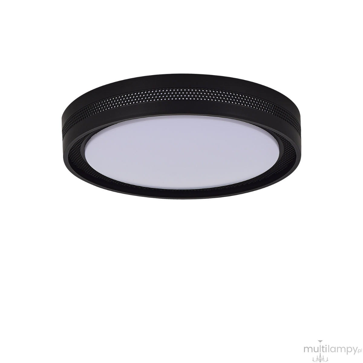 Plafon Ronda D39 LED 25W CCT w kolorze czarnym, okrągły, z metalowym korpusem z perforacjami. Montowany na suficie, z białym, mlecznym kloszem, emitującym regulowane światło. Produkt w nowym stanie, na jednolitym tle.