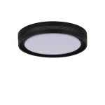 Plafon Ronda D39 LED 25W CCT w kolorze czarnym, okrągły, z metalowym korpusem z perforacjami. Montowany na suficie, z białym, mlecznym kloszem, emitującym regulowane światło. Produkt w nowym stanie, na jednolitym tle.