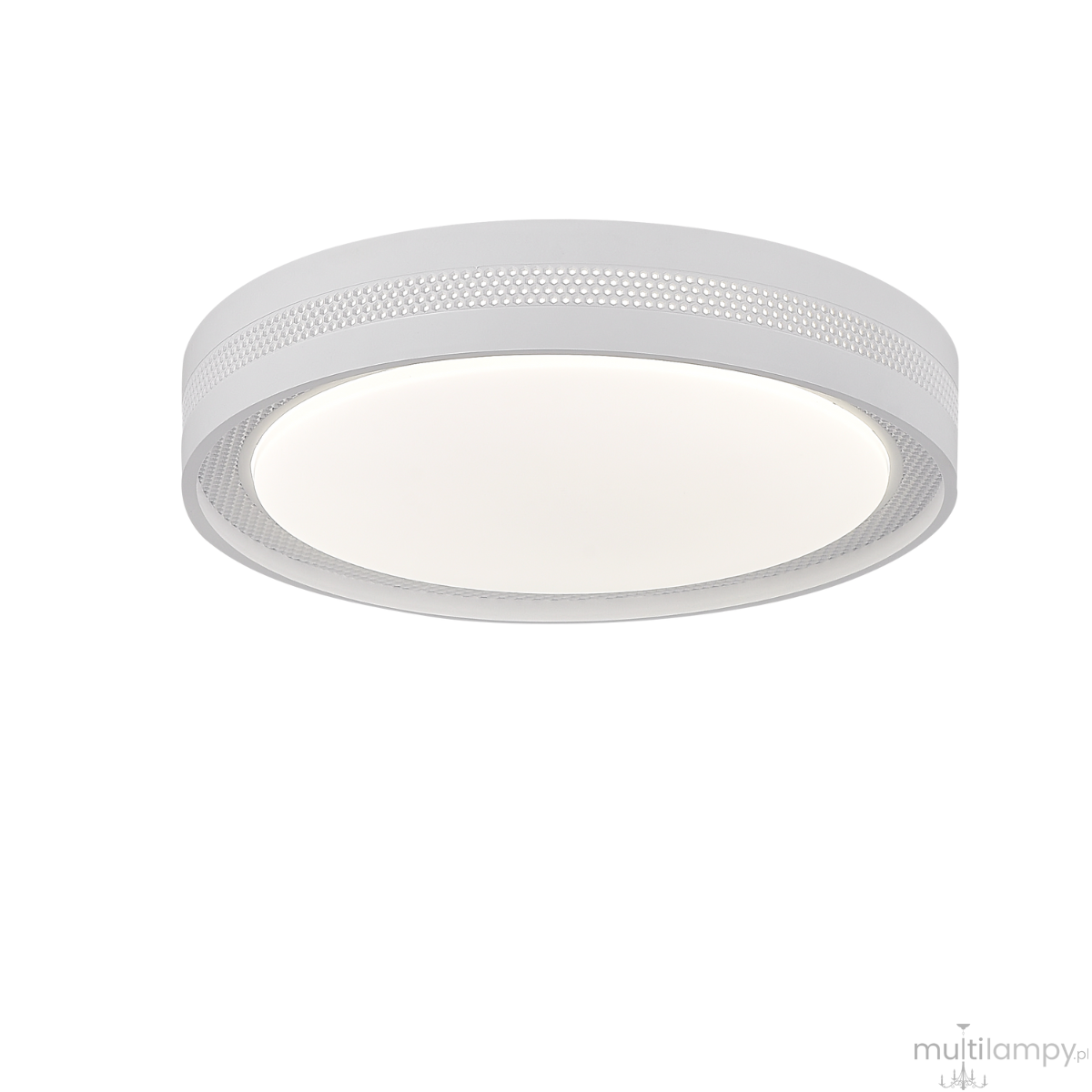 Plafon Ronda D39 LED 25W CCT w kolorze białym, okrągły, z delikatnym wzorem na obrzeżu. Ujęcie frontalne, produkt zamontowany na suficie, emituje jasne, równomierne światło, idealny do nowoczesnych wnętrz.