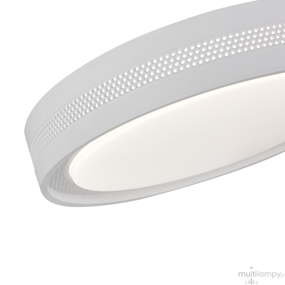 Plafon LED Ronda D39 w kolorze białym, o mocy 25W CCT. Okrągła konstrukcja z perforowanym wzorem na obrzeżu, emitująca jasne światło. Ujęcie z boku, pokazujące detal wykończenia i źródło światła.