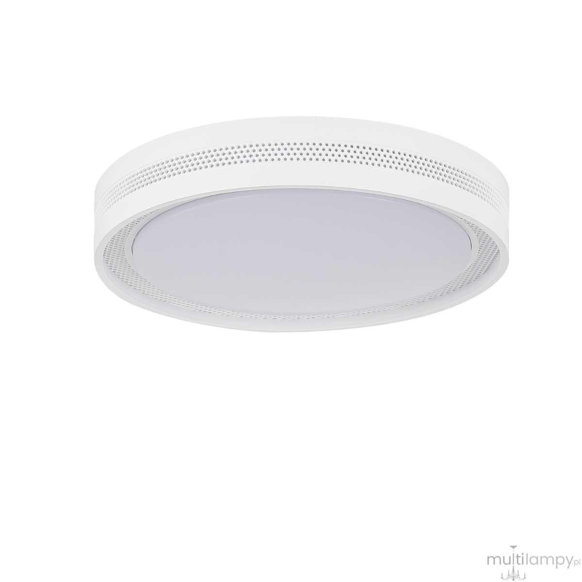 Plafon Ronda D39 w kolorze białym, okrągły, z wbudowanym oświetleniem LED 25W CCT. Produkt ma gładką, matową powierzchnię oraz perforowane boki, montowany sufitowo. Wymiary: średnica 39 cm.