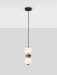 Lampa wisząca Monreta, czarna i szara, z jednym źródłem LED 10W. Składa się z dwóch okrągłych kloszy w białym kolorze, z dekoracyjnym elementem w kształcie diamentu. Zawieszona na cienkim, czarnym przewodzie.