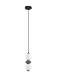 Lampa wisząca Monreta w kolorze czarnym i szarym z jedną żarówką LED 10W. Posiada dwie okrągłe, białe kule i szary, diamentowy detal między nimi. Zawieszona na cienkim, czarnym przewodzie z okrągłym mocowaniem sufitowym.