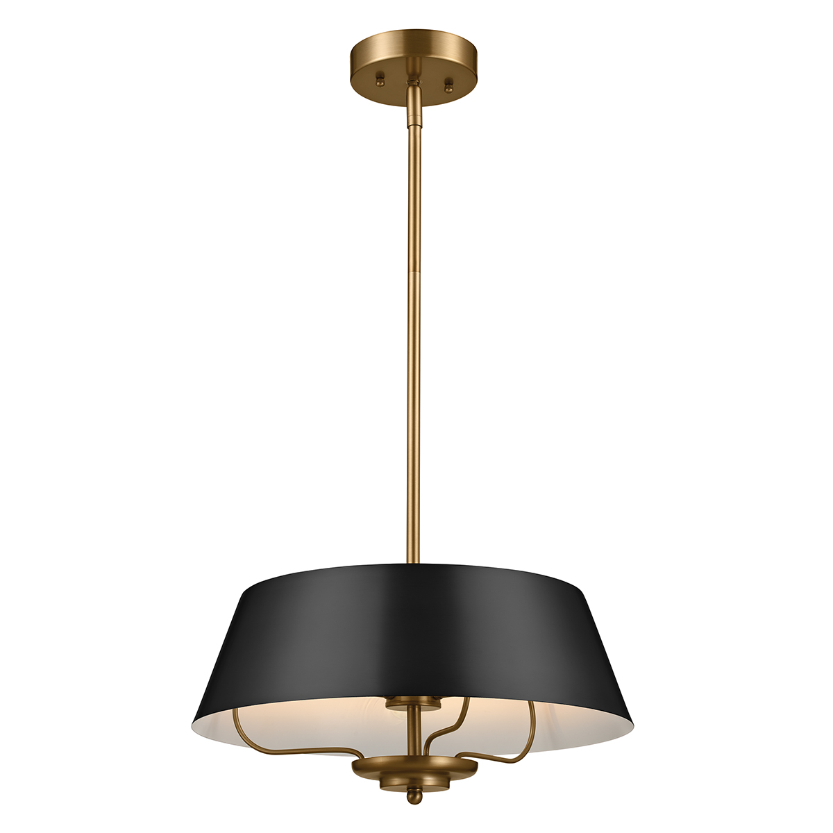 Lampa wisząca Luella z trzema gniazdami E14, w kolorze czarnym z mosiężnymi detalami. Okrągły klosz o szerokiej krawędzi, zawieszony na cienkim mosiężnym pręcie. Prosty, elegancki design, idealna do nowoczesnych wnętrz.