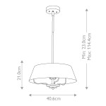 Lampa wisząca Luella 3xE14 w kolorze czarnym z mosiężnymi detalami. Okrągły klosz o średnicy 40,6 cm, wysokość regulowana od 23 cm do 114,4 cm. Prosty, nowoczesny design, idealna do różnorodnych wnętrz.