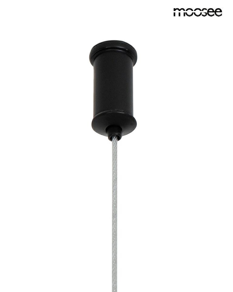 Czarna lampa wisząca Alure Oval 120 z miejscem na 20 żarówek G9. Ujęcie z dołu, pokazujące mocowanie i przewód. Prosta konstrukcja, idealna do nowoczesnych wnętrz. Tło jasne, co podkreśla elegancję lampy.