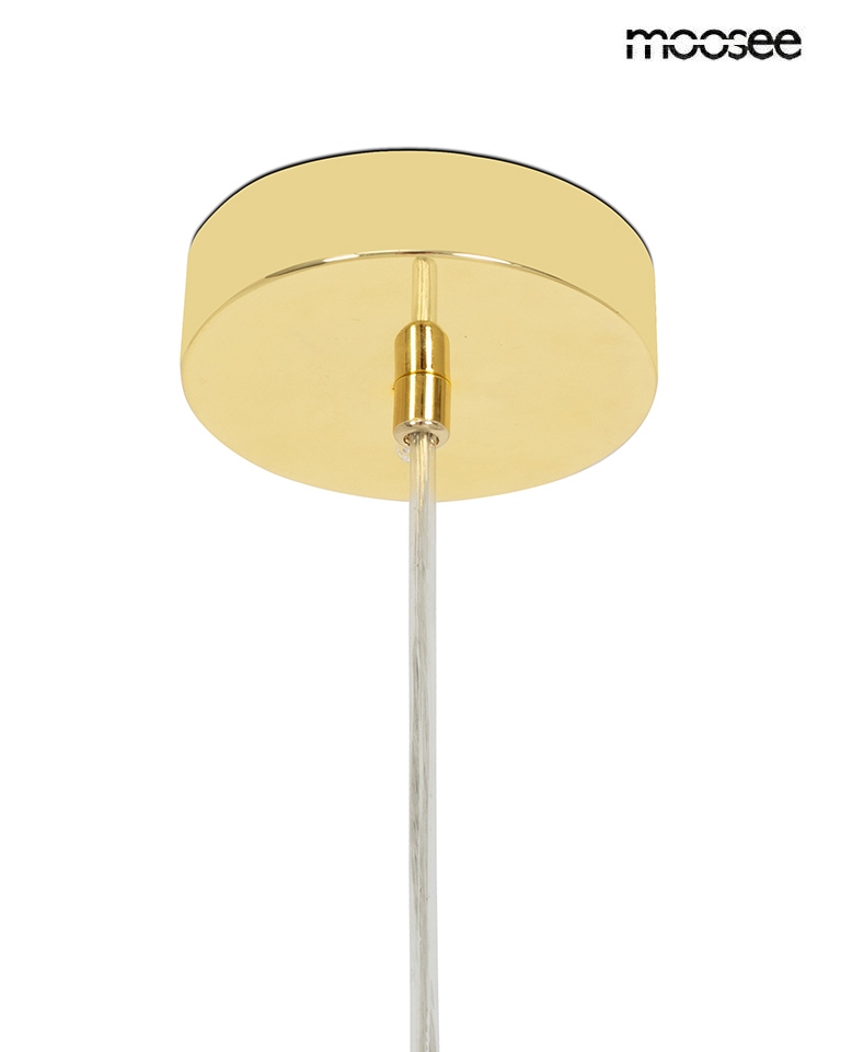 Lampa wisząca Alure Oval 120, z 20 gniazdami G9, w złotym kolorze. Ujęcie od dołu, pokazujące okrągły, błyszczący sufitowy uchwyt i przezroczysty kabel. Prosta konstrukcja, idealna do nowoczesnych wnętrz.