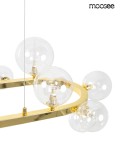 Złota lampa wisząca Alure Oval 120 z 20 gniazdami G9. Okrągła, przezroczysta klosze w kształcie kul, zawieszone na cienkim sznurku. Elegancki, nowoczesny design, idealna do wnętrz. Widok z góry, eksponujący detale konstrukcji.