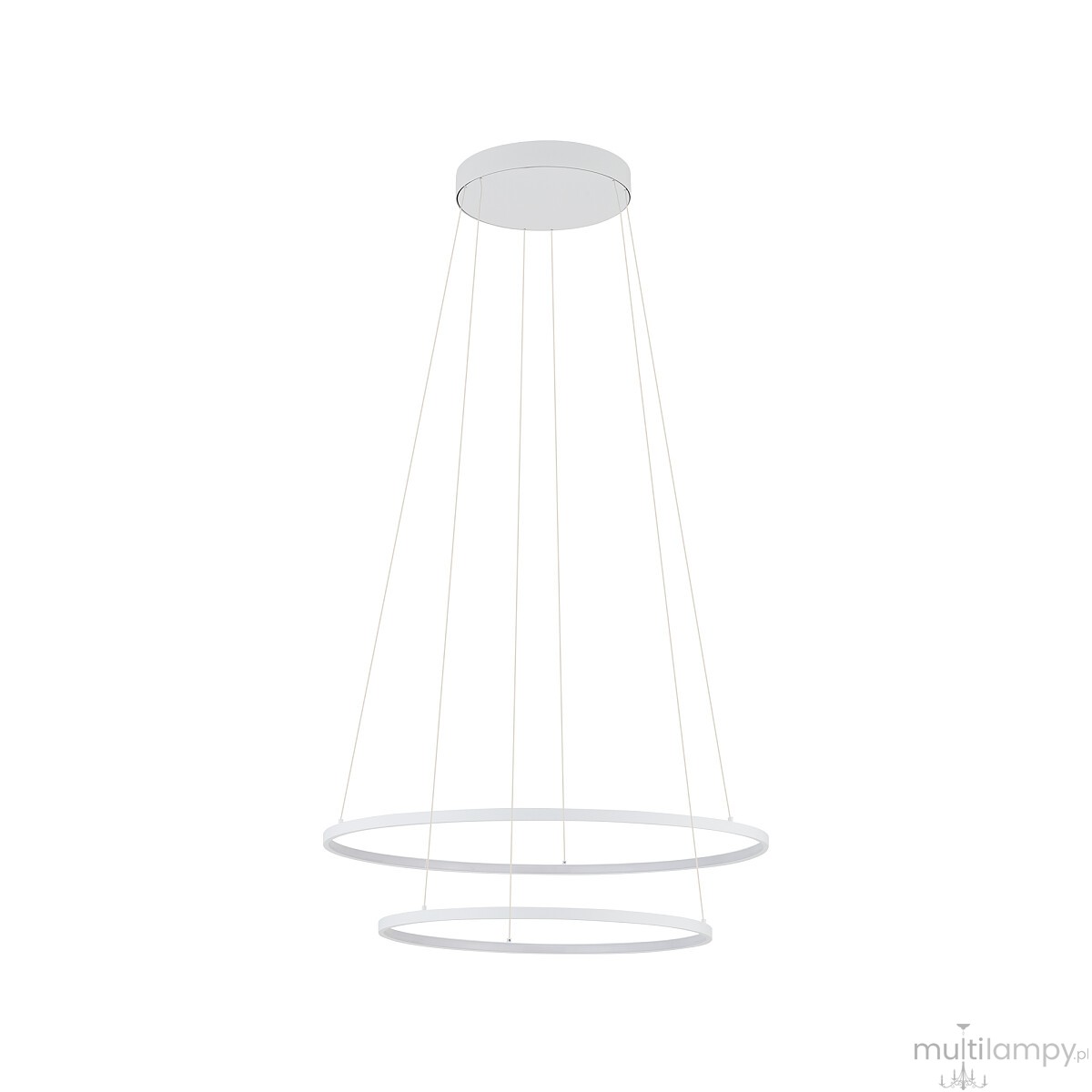 Lampa wisząca LED Circolo D60 o mocy 67W i temperaturze barwowej 3000K. Biała konstrukcja z podwójnym okręgiem, zawieszona na cienkich żyłkach, zamontowana na okrągłej podstawie sufitowej. Prosty, nowoczesny design na jasnym tle.